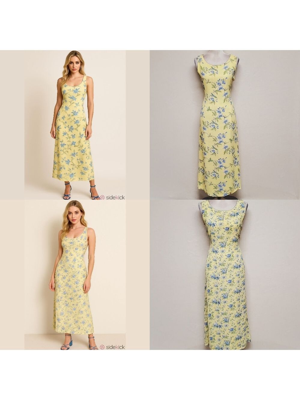 80s Vintage Handmade Reversible Yellow Blue Forget-me-Not Cabbage Rose Dress M